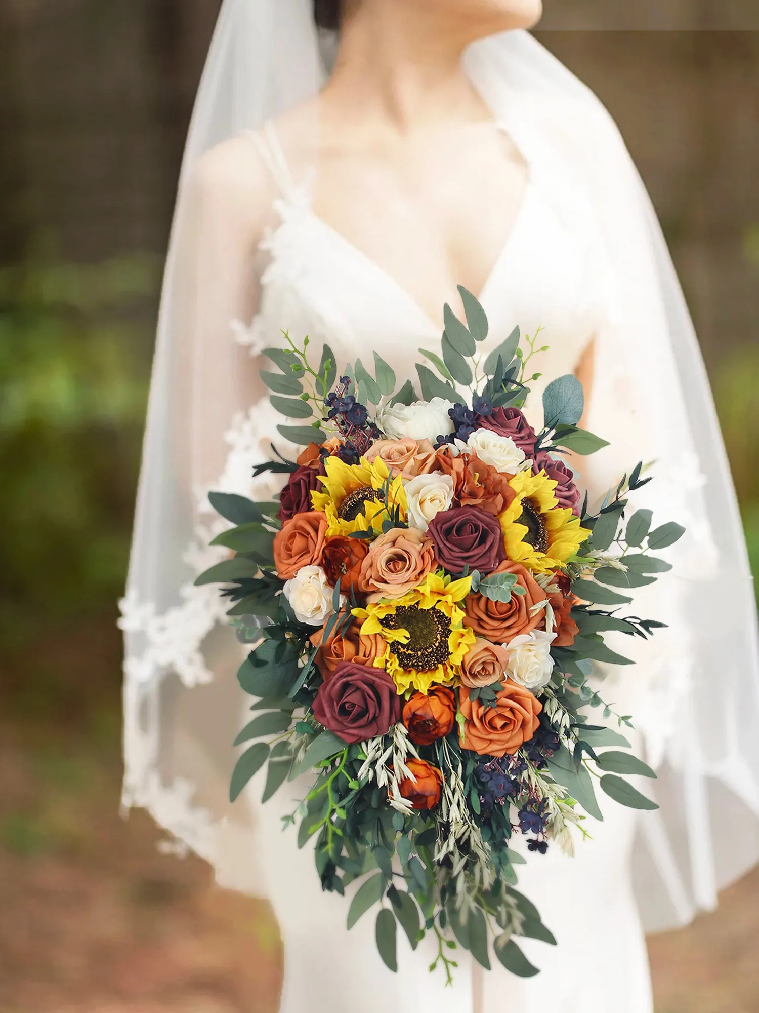 13 inch wide Sunflowers Terracotta Cascading Bridal Bouquet