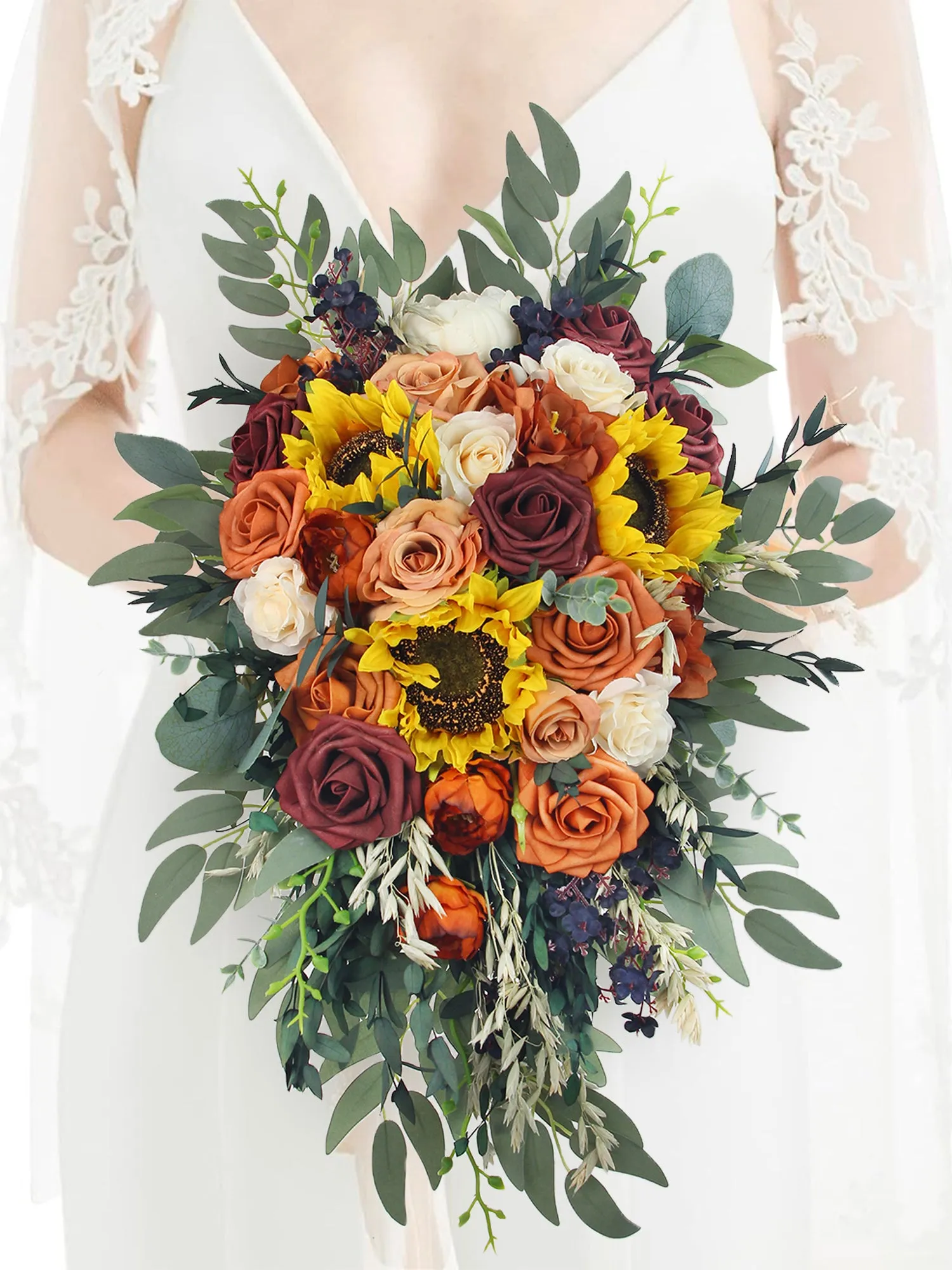 13 inch wide Sunflowers Terracotta Cascading Bridal Bouquet