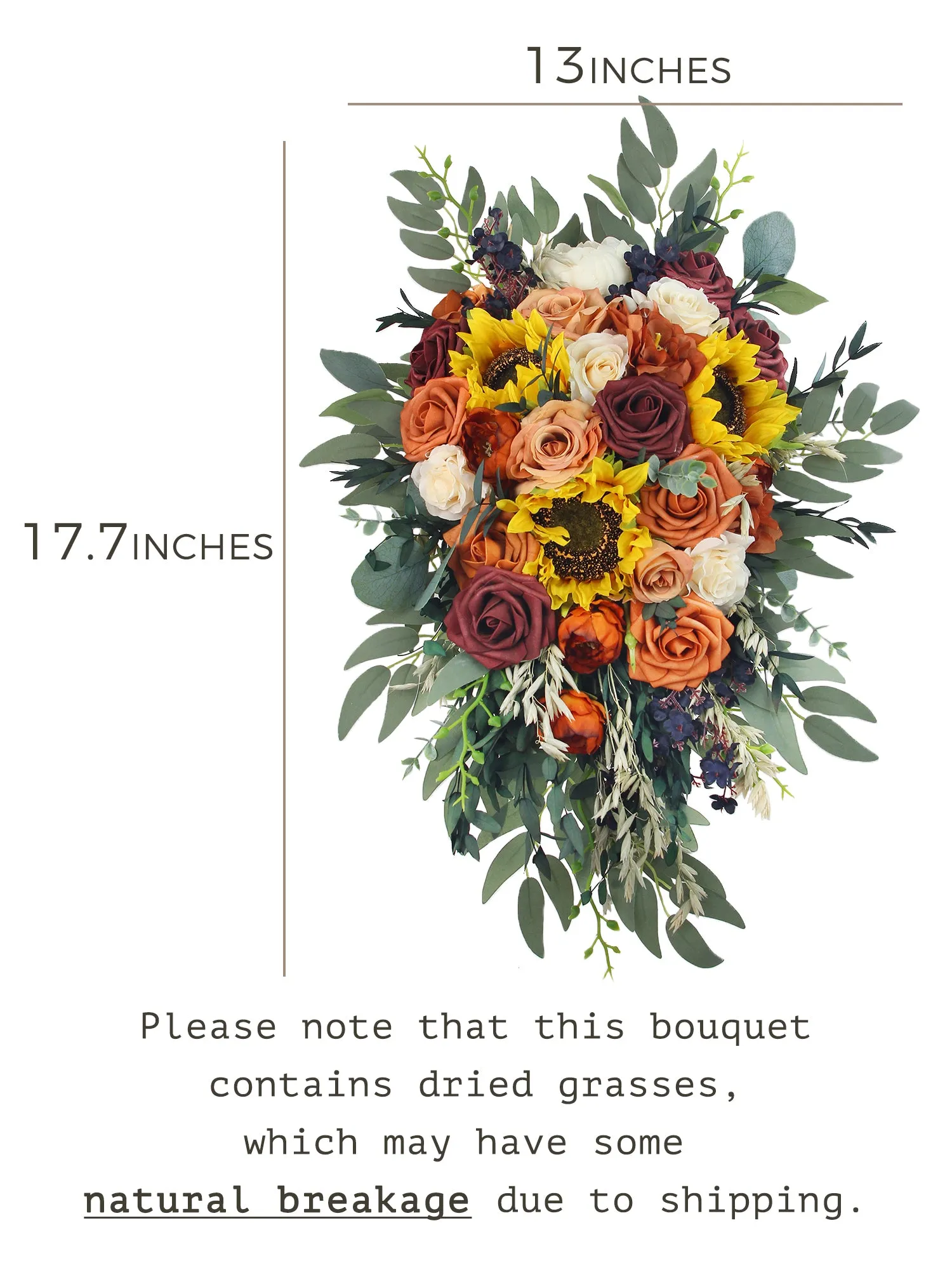 13 inch wide Sunflowers Terracotta Cascading Bridal Bouquet