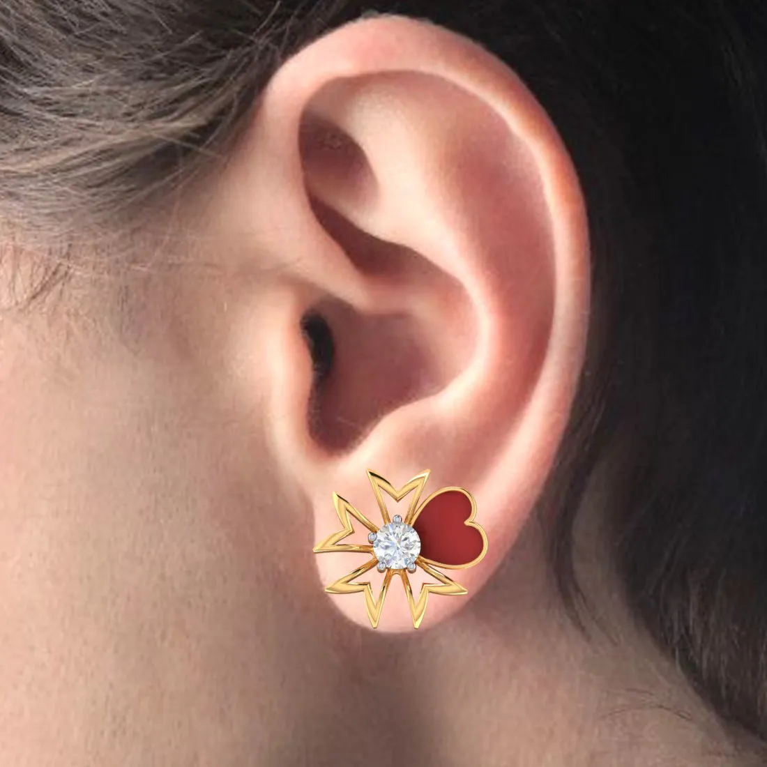 14k Red Heart Floral Design Gold Earrings With American Diamond