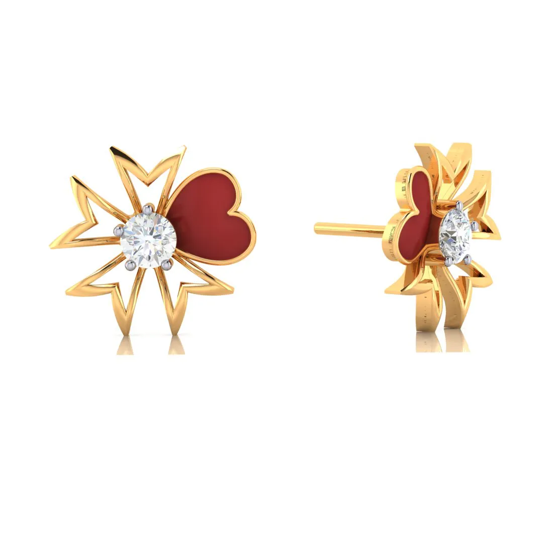 14k Red Heart Floral Design Gold Earrings With American Diamond