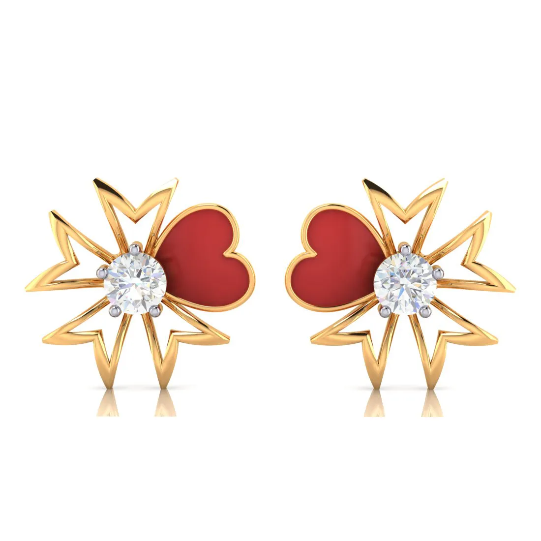 14k Red Heart Floral Design Gold Earrings With American Diamond