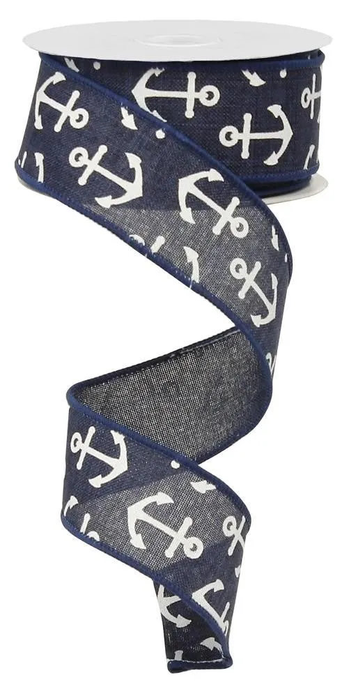 1.5" Canvas Multi Anchor Ribbon: Navy/White