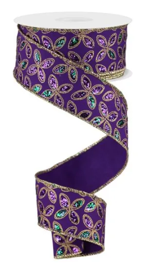 1.5" Glitter Quatrefoil Petal Ribbon: Purple/Emerald/Gold