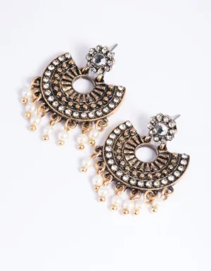 Antique Gold Diamante & Pearl Vintage Drop Earrings