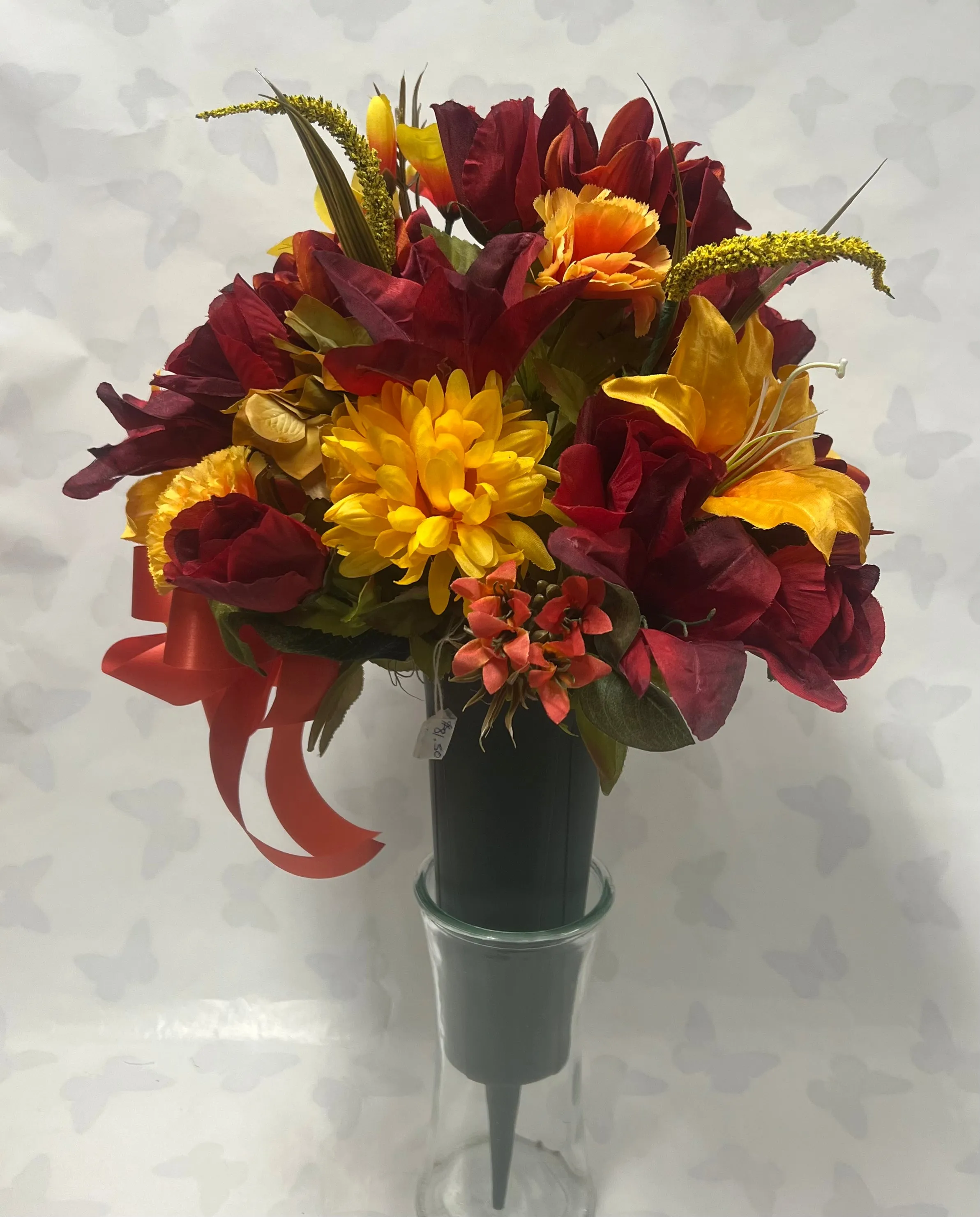 Artificial Cemetery Vase -Golden Yellow, Burgundy and Burnt Orange