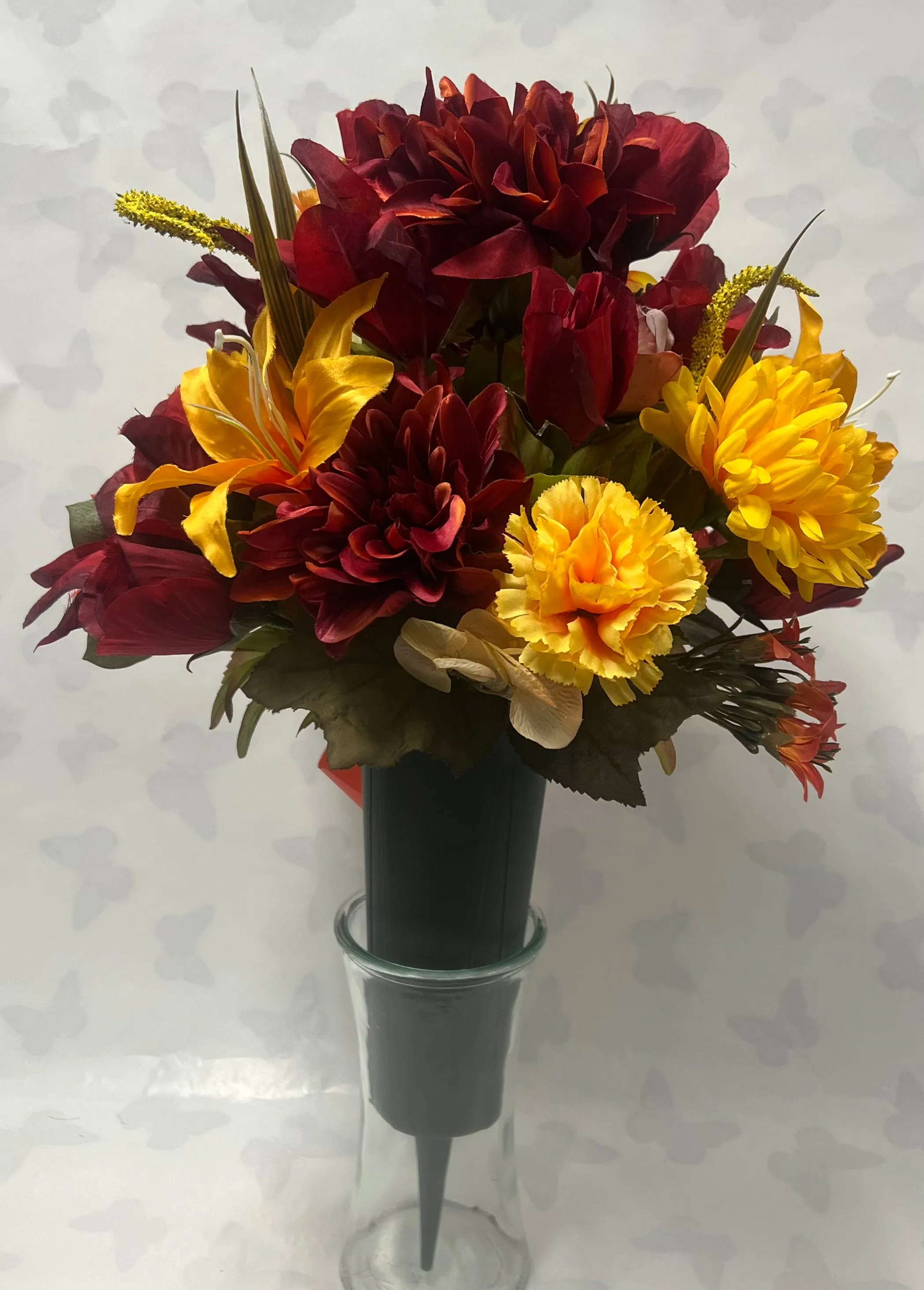 Artificial Cemetery Vase -Golden Yellow, Burgundy and Burnt Orange