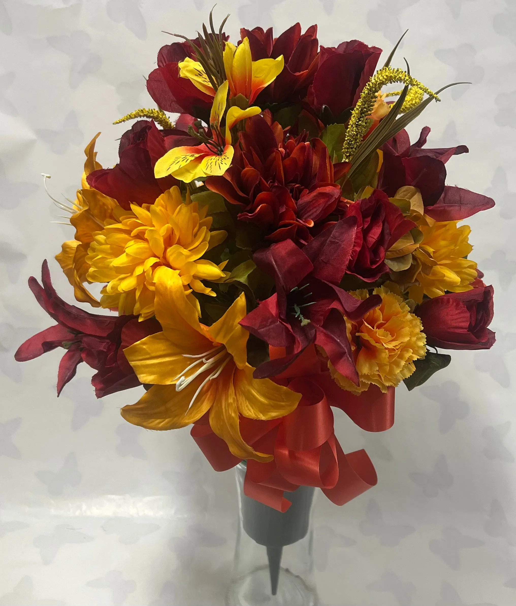 Artificial Cemetery Vase -Golden Yellow, Burgundy and Burnt Orange