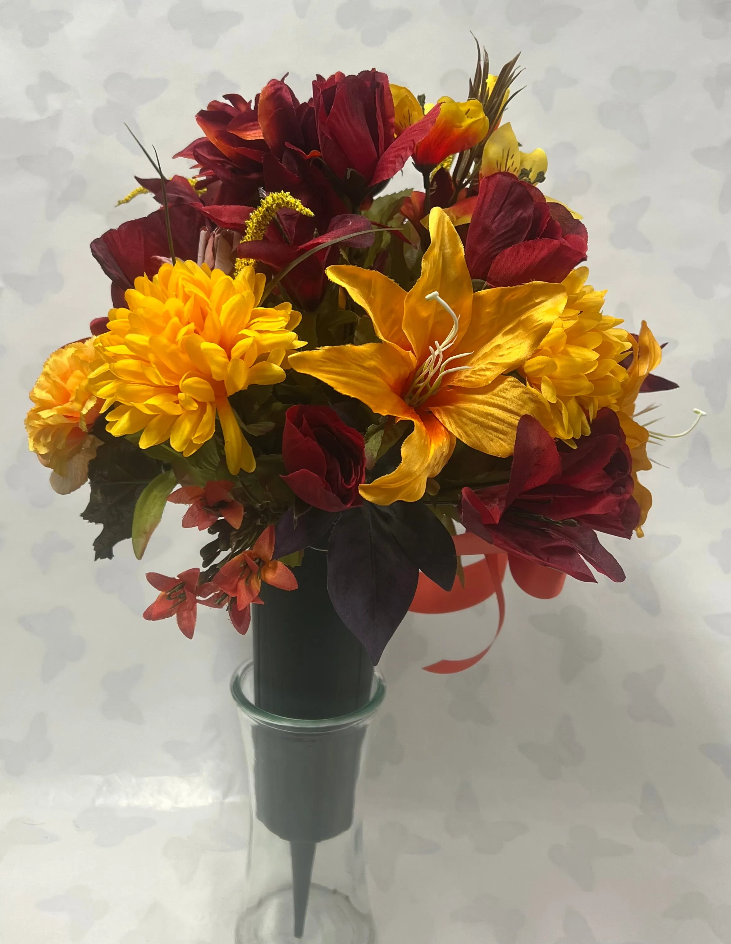 Artificial Cemetery Vase -Golden Yellow, Burgundy and Burnt Orange