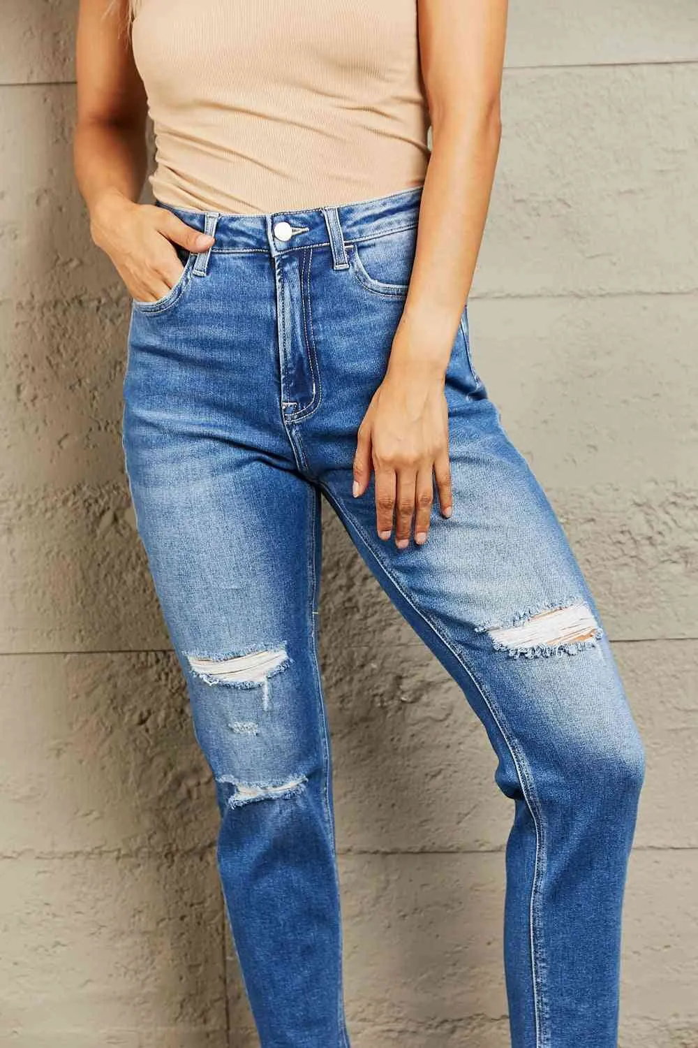 BAYEAS High Waisted Cropped Dad Jeans