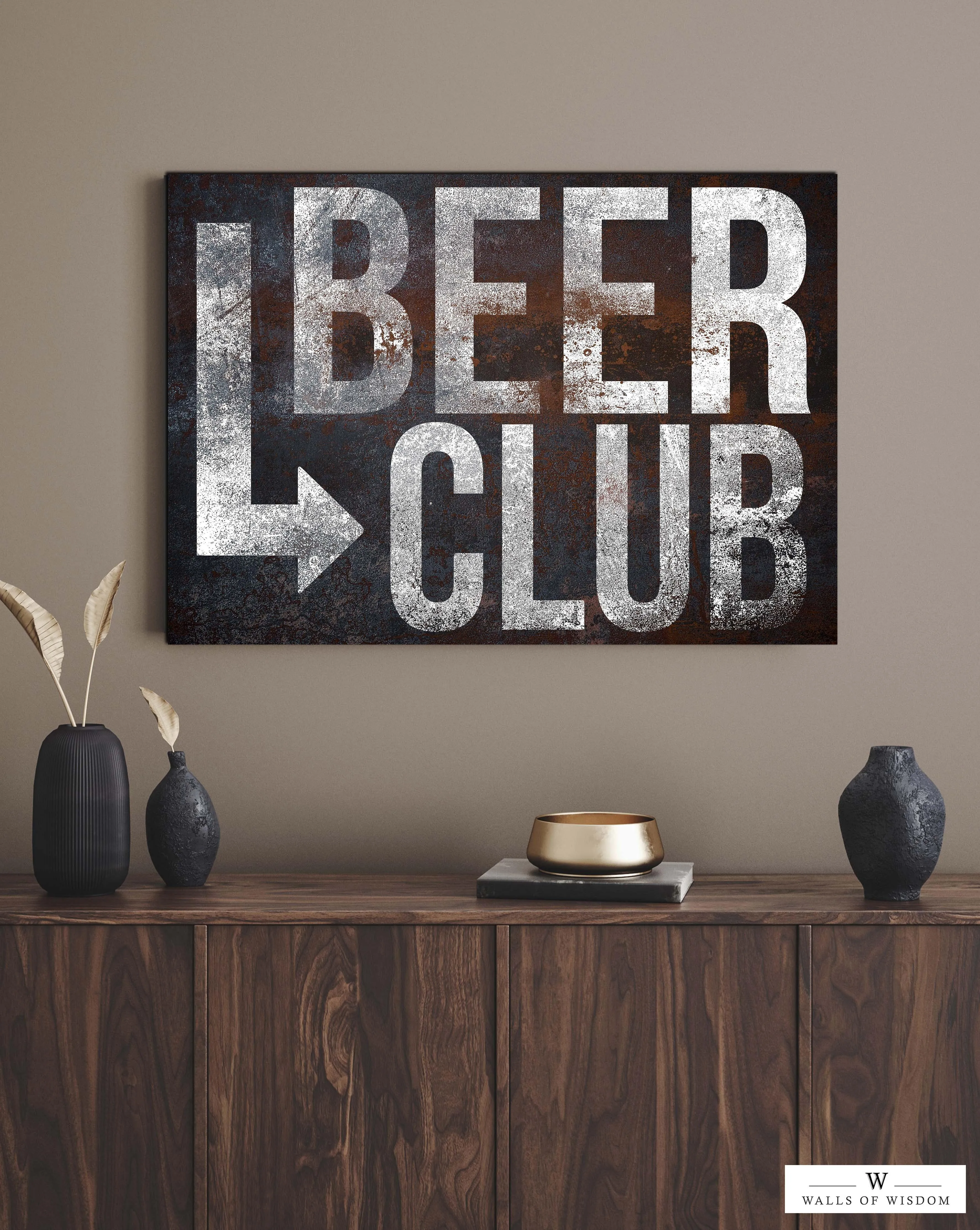 Black & White Rustic "Beer Club" Canvas Sign - Retro Living Room Home Bar Wall Art