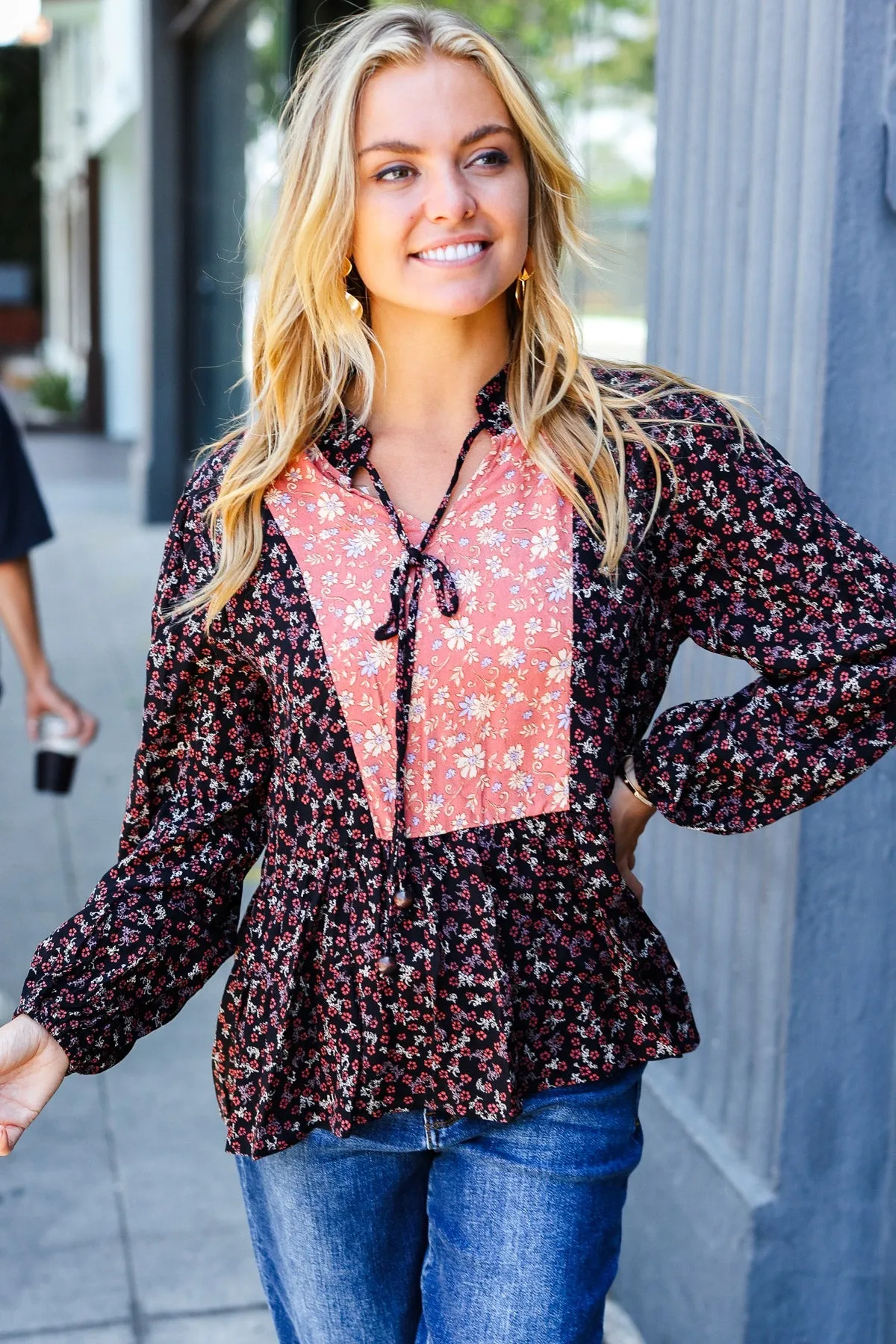 Black Floral Beaded Tie Peasant Woven Blouse -SALE-