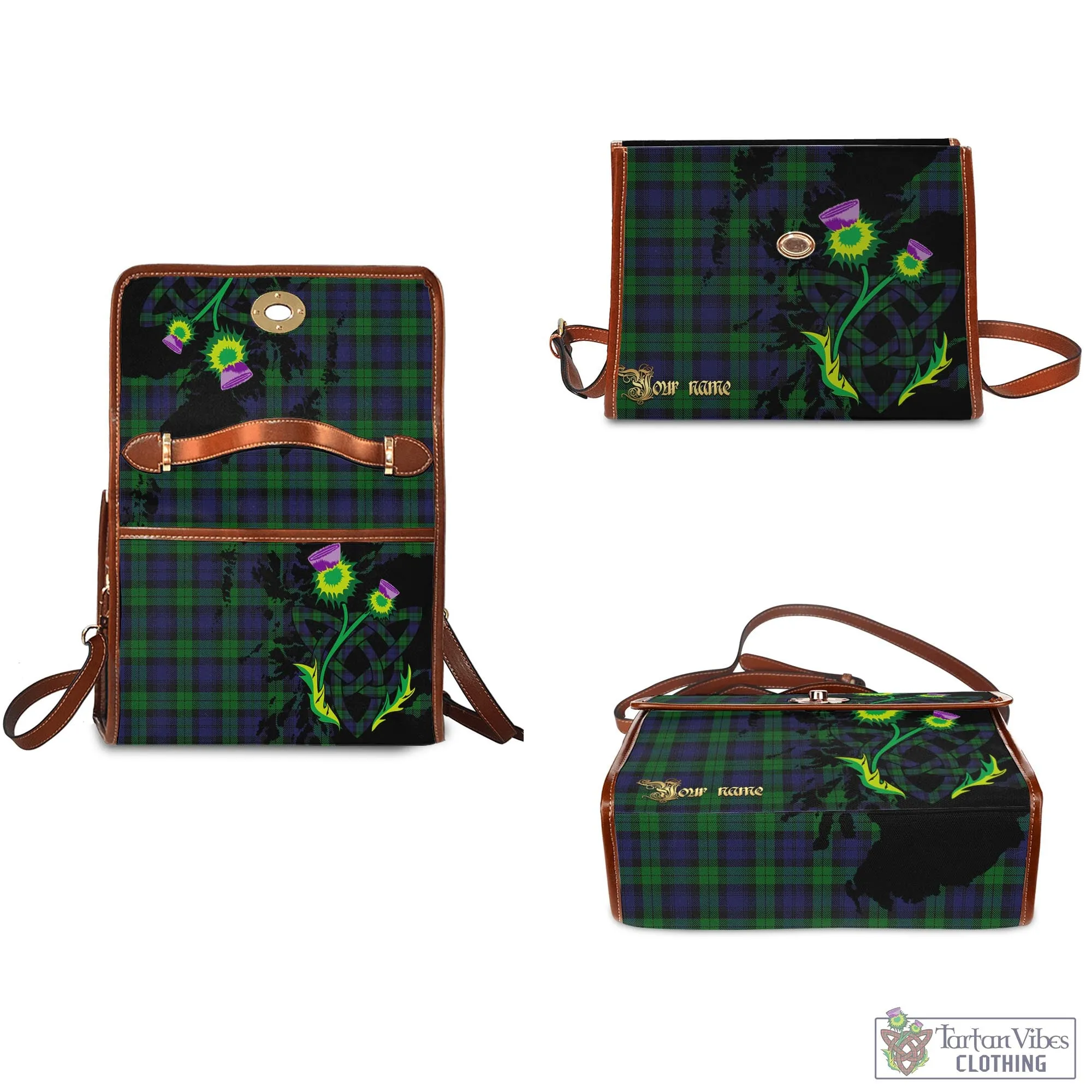 Black Watch Tartan Waterproof Canvas Bag with Scotland Map and Thistle Celtic Accents