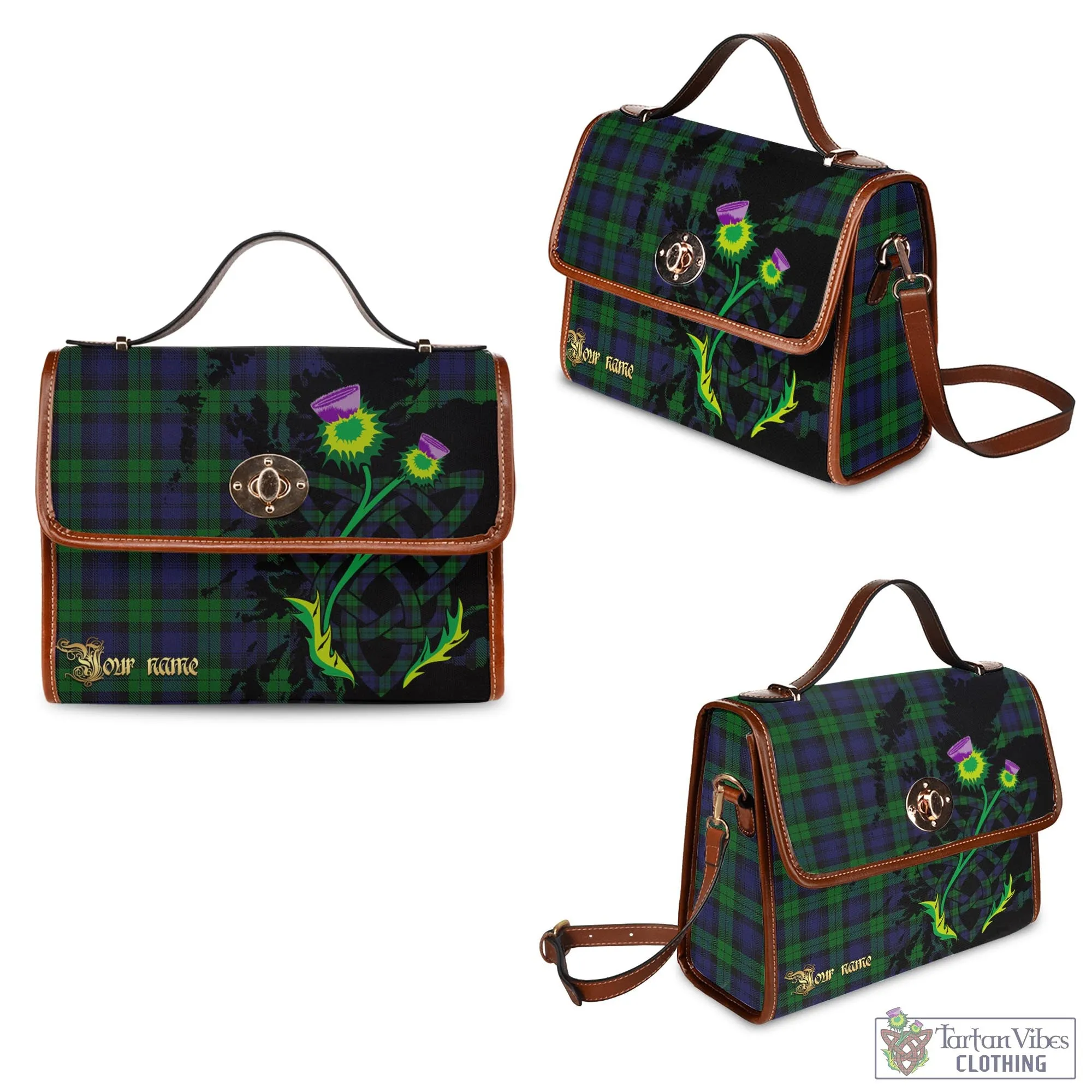 Black Watch Tartan Waterproof Canvas Bag with Scotland Map and Thistle Celtic Accents