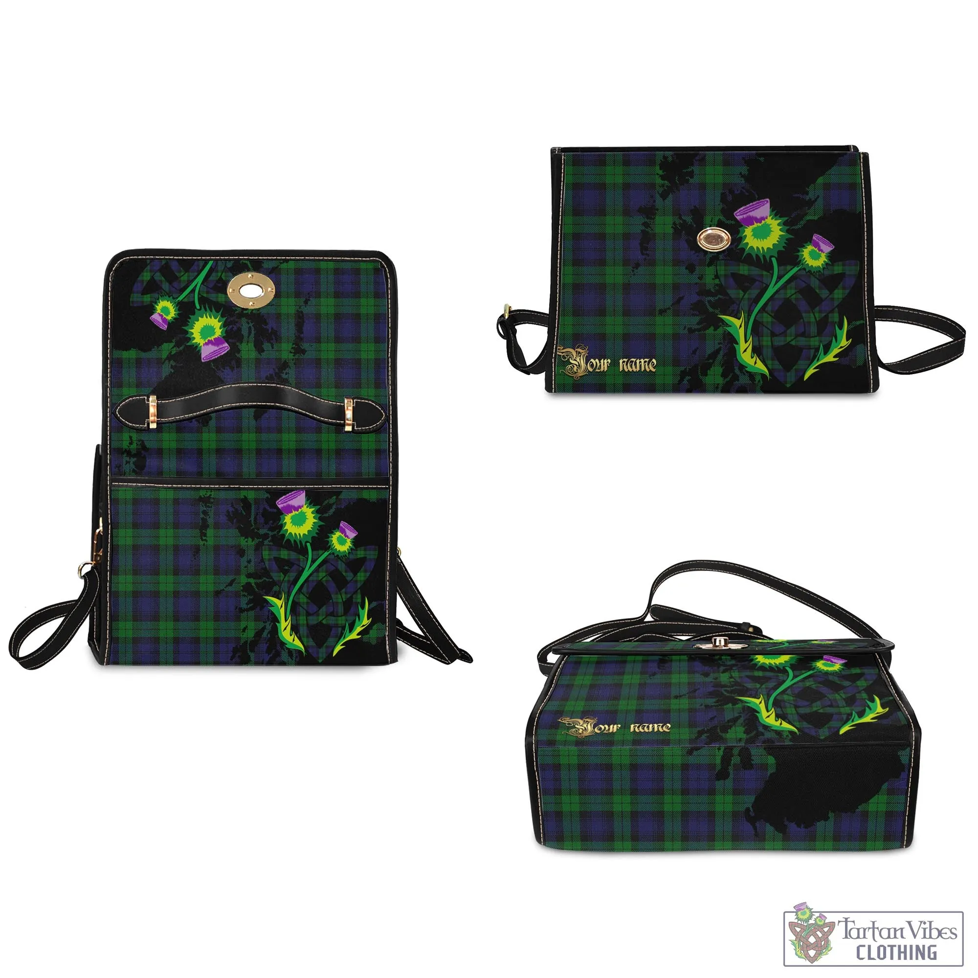 Black Watch Tartan Waterproof Canvas Bag with Scotland Map and Thistle Celtic Accents