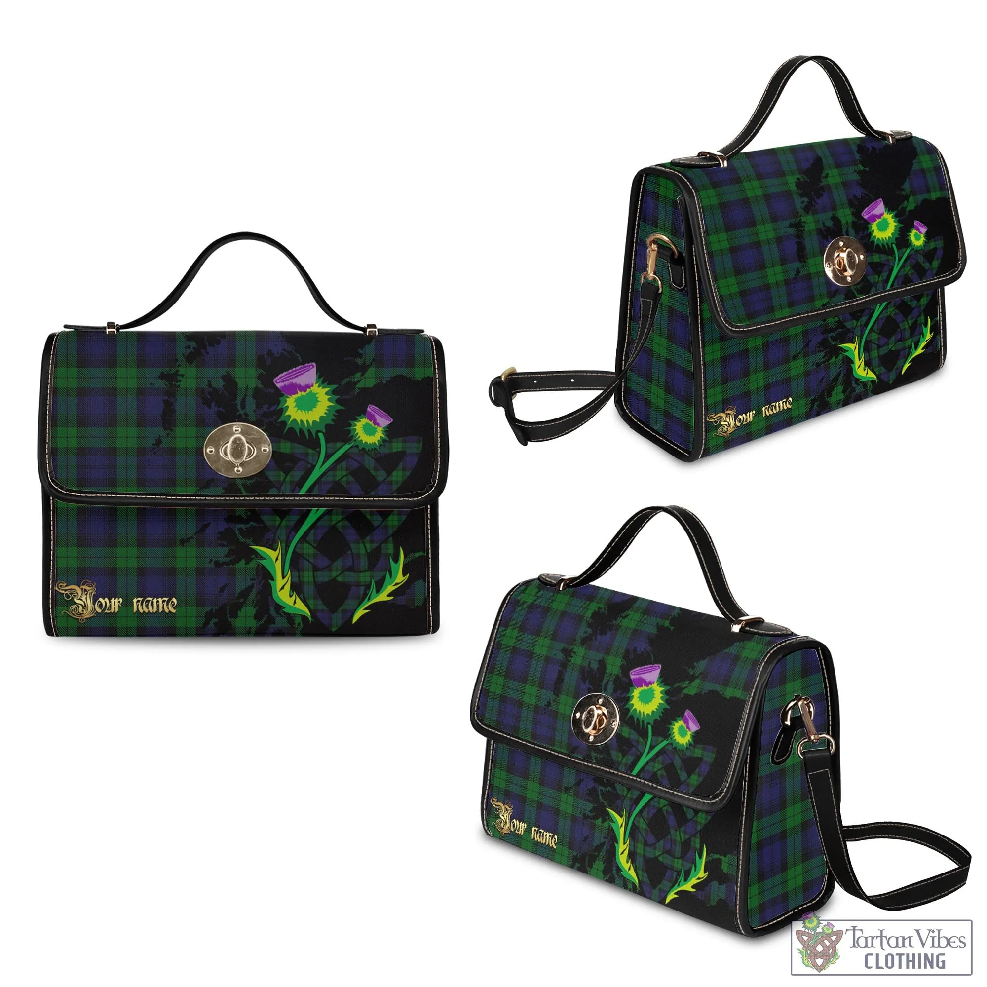 Black Watch Tartan Waterproof Canvas Bag with Scotland Map and Thistle Celtic Accents