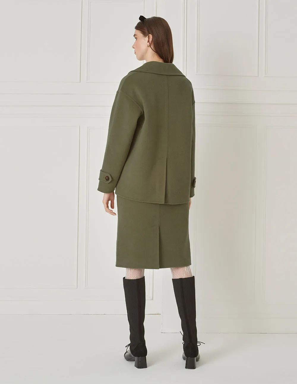 BORA AKSU Dropped Sleeves And Lapel Double-Breasted Olive Green Wool Coat