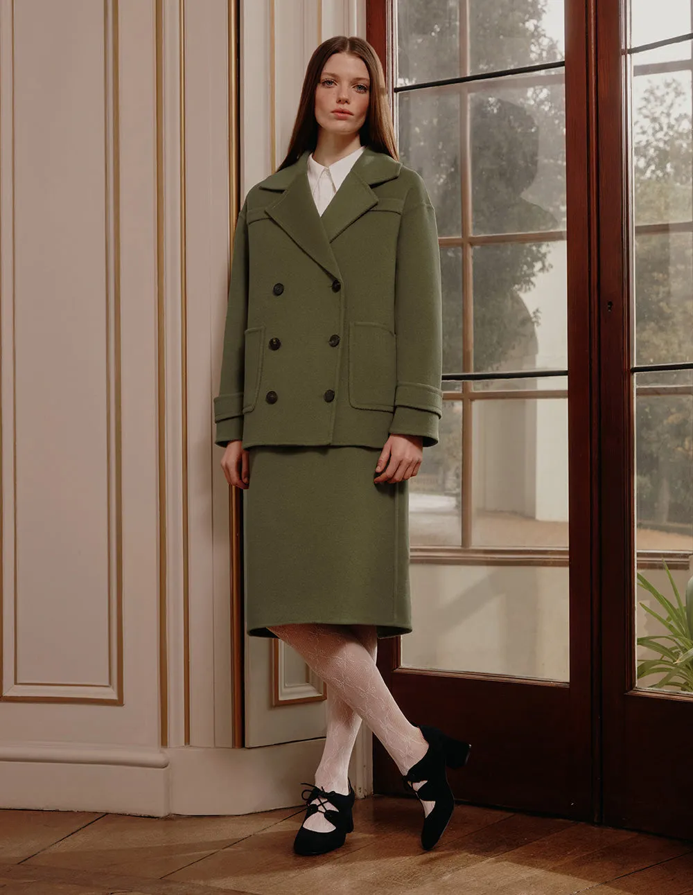 BORA AKSU Dropped Sleeves And Lapel Double-Breasted Olive Green Wool Coat