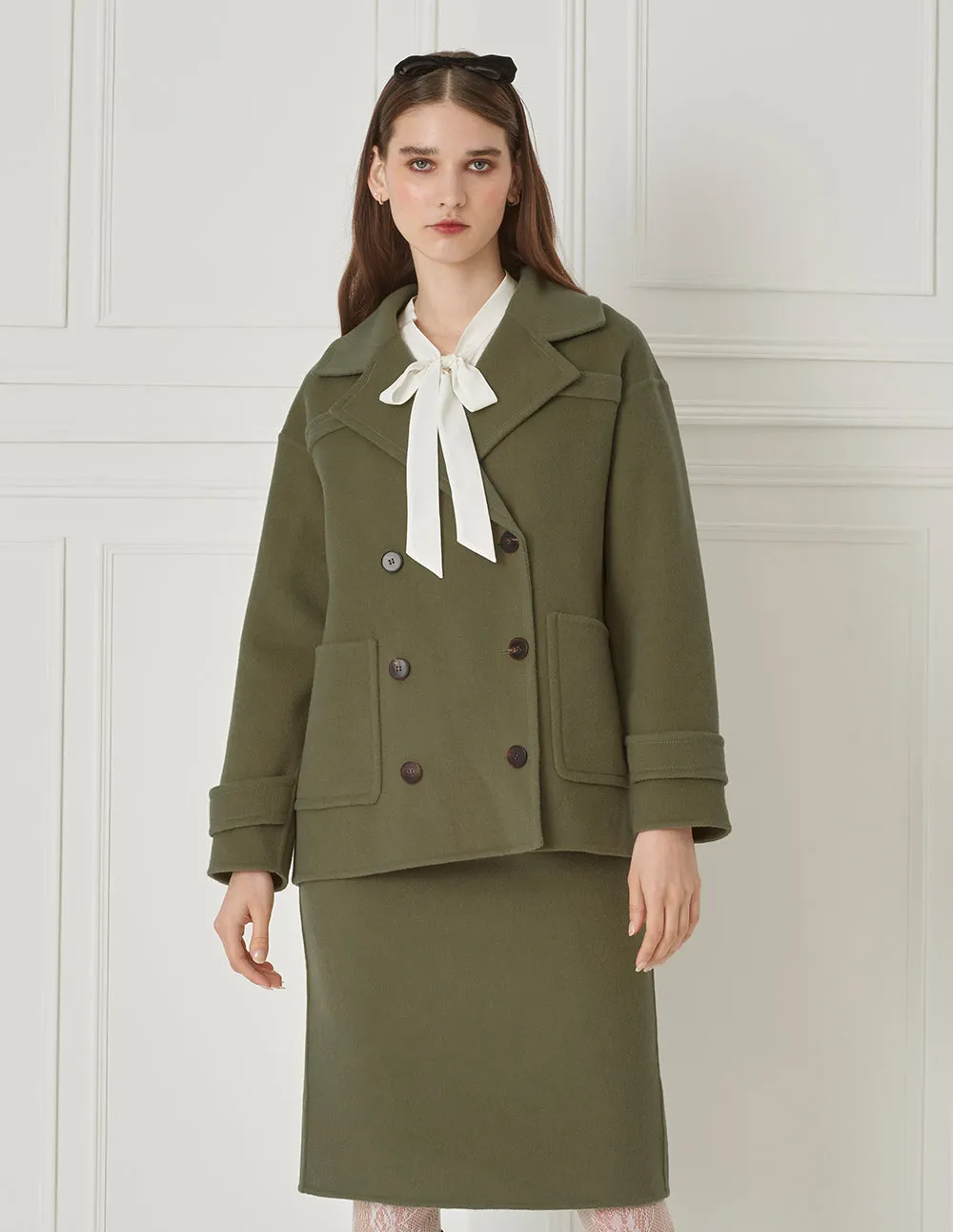 BORA AKSU Dropped Sleeves And Lapel Double-Breasted Olive Green Wool Coat