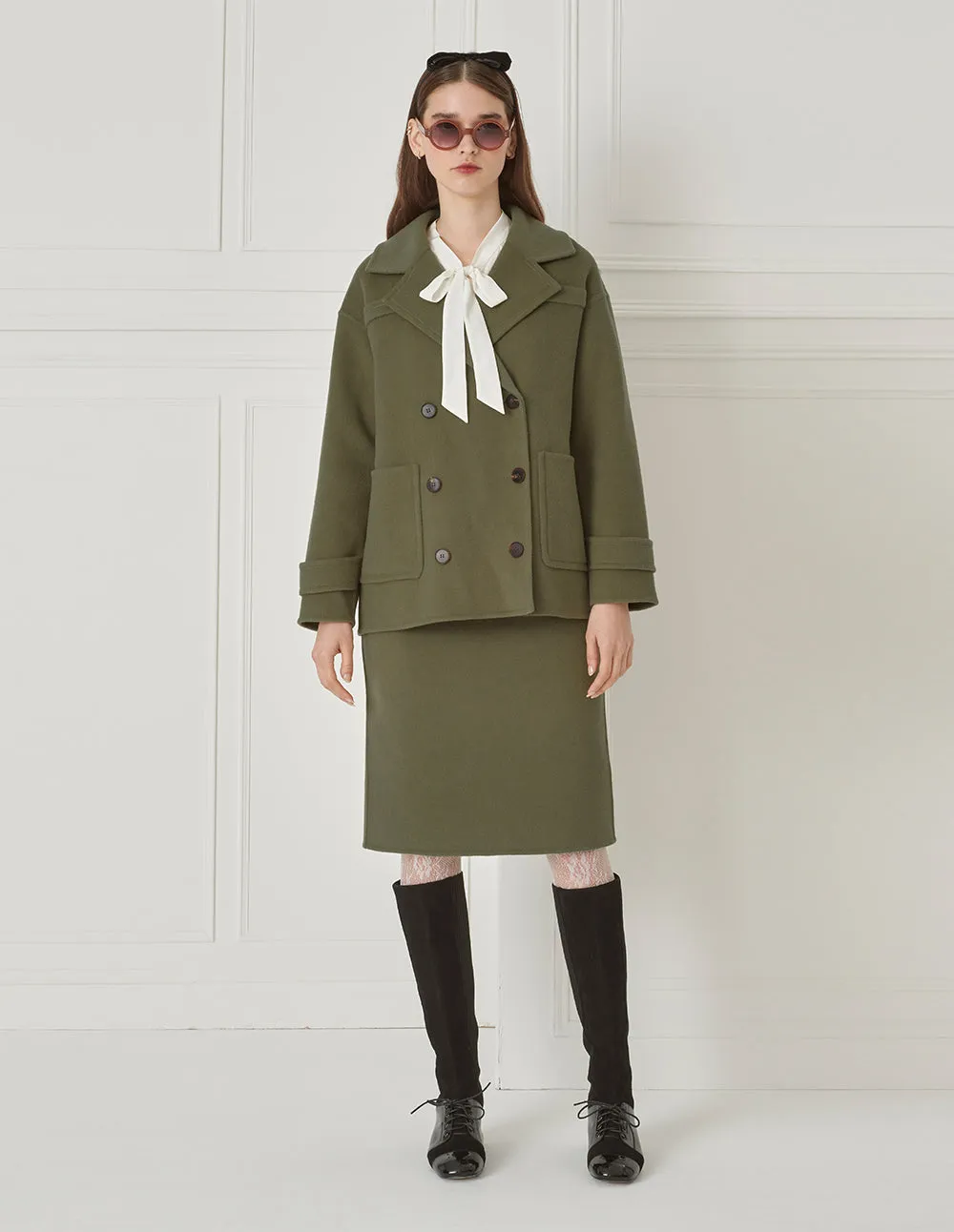 BORA AKSU Dropped Sleeves And Lapel Double-Breasted Olive Green Wool Coat