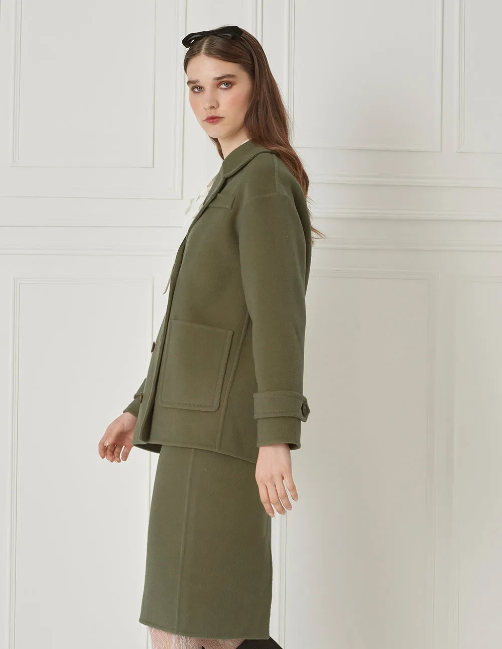 BORA AKSU Dropped Sleeves And Lapel Double-Breasted Olive Green Wool Coat