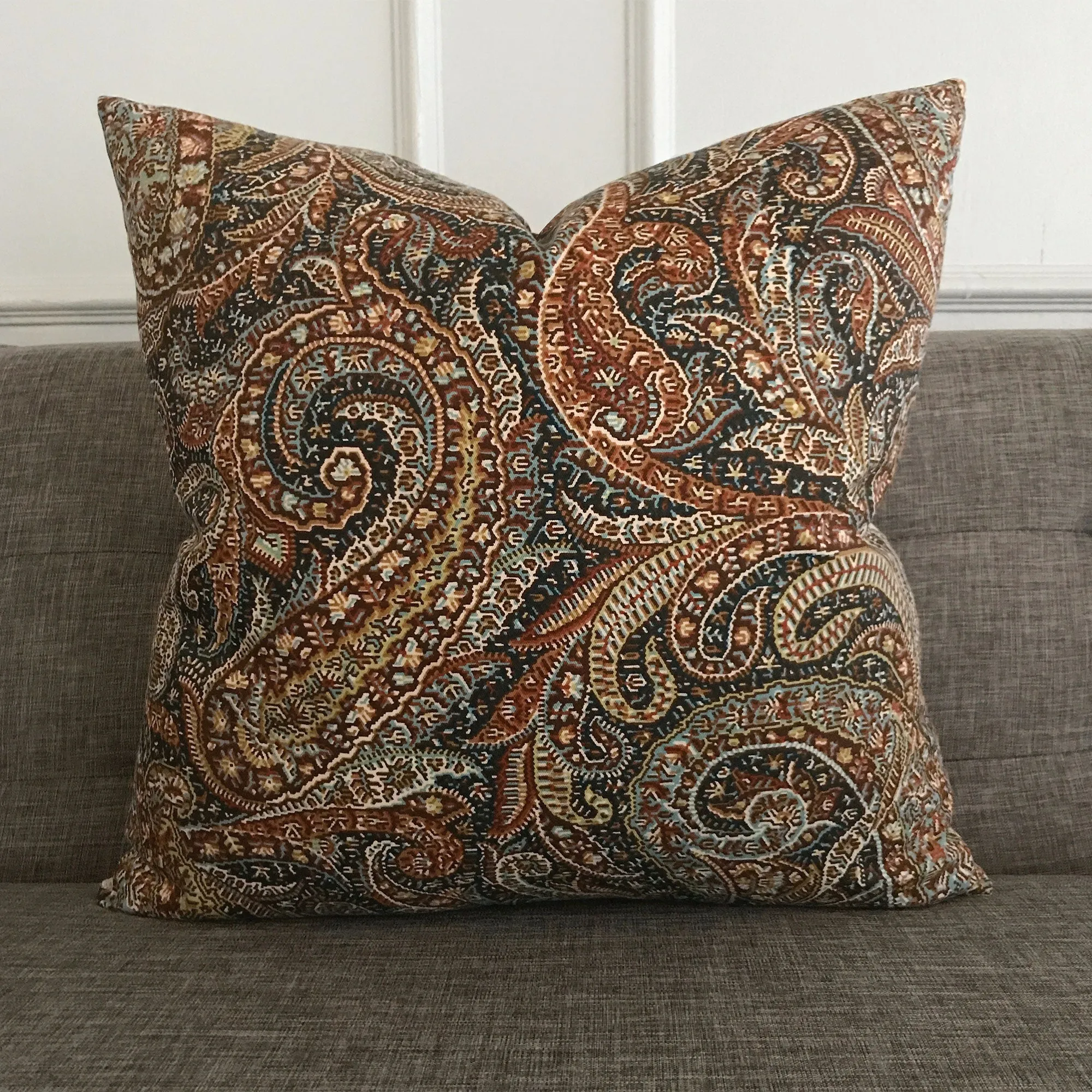 Bronze Teal Paisley Throw Pillow Cover 20x20