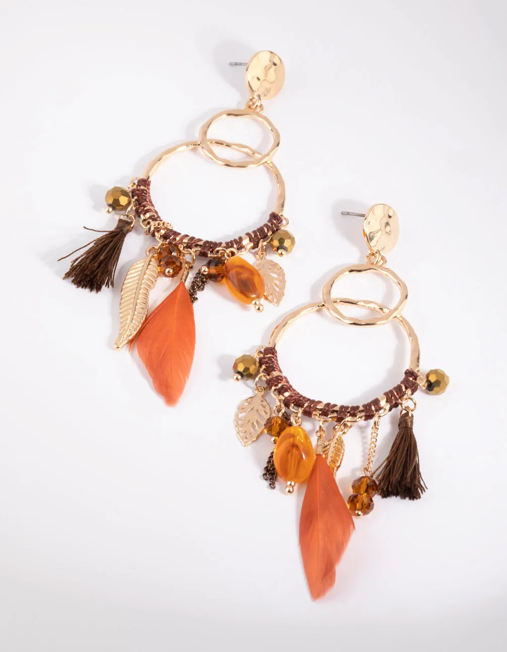 Brown Bead & Feather Drop Earrings