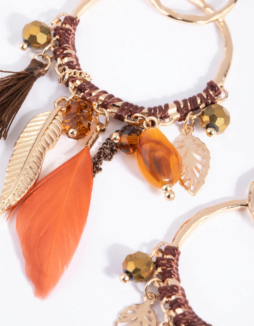 Brown Bead & Feather Drop Earrings