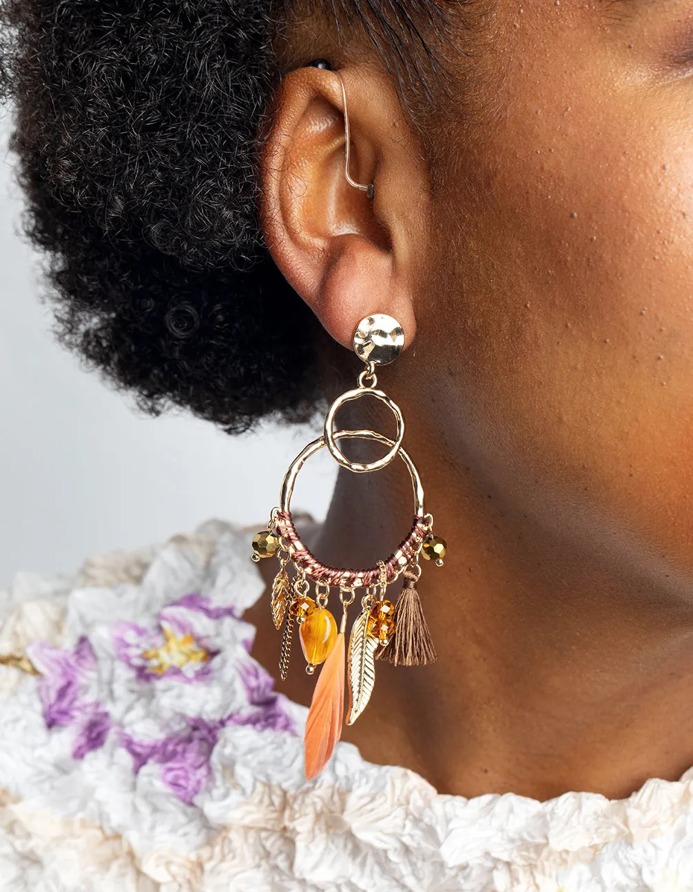 Brown Bead & Feather Drop Earrings