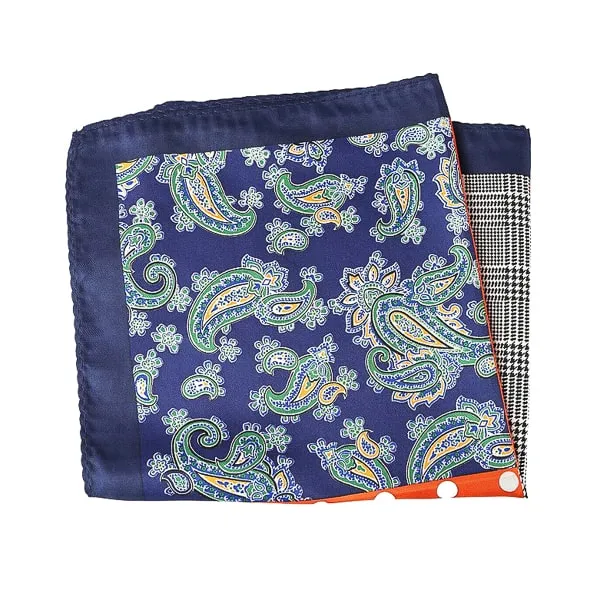 Classy Men Navy Blue Orange Multi-Pattern Pocket Square