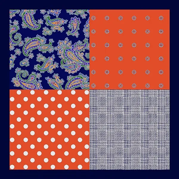 Classy Men Navy Blue Orange Multi-Pattern Pocket Square