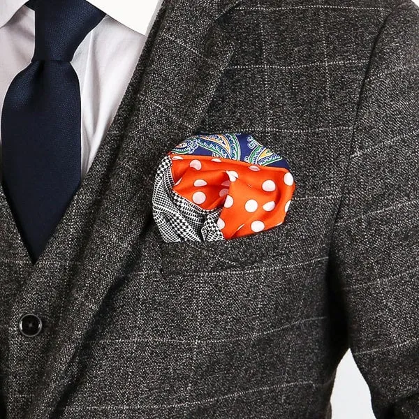 Classy Men Navy Blue Orange Multi-Pattern Pocket Square