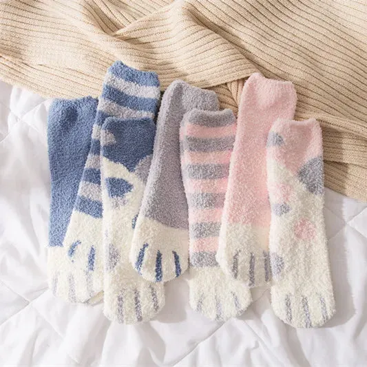 Cute Fluffy Pastel Cat Paw House Thick Socks