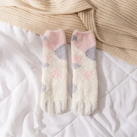 Cute Fluffy Pastel Cat Paw House Thick Socks