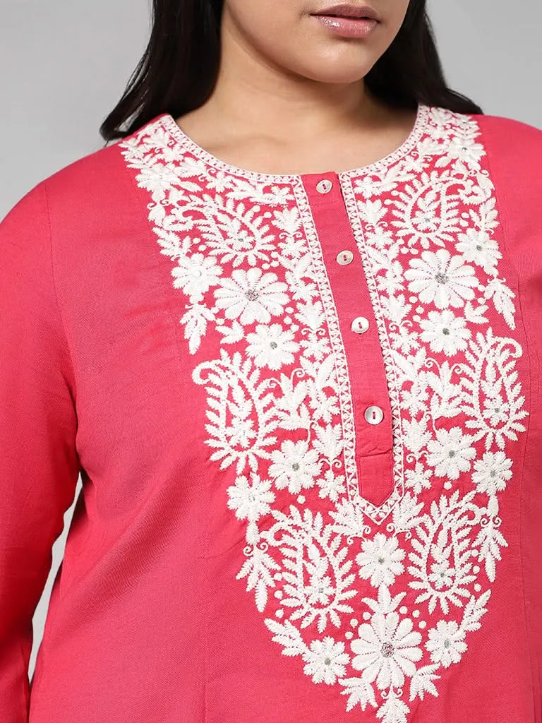 Diza Pink Yoke Floral Embroidered Kurta