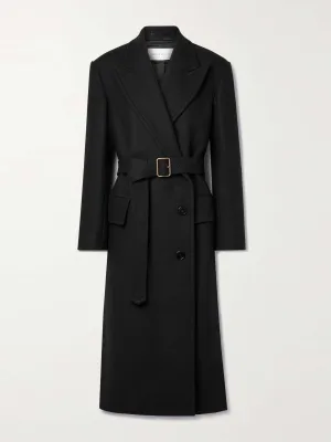 Double-breasted belted wool-blend twill coat