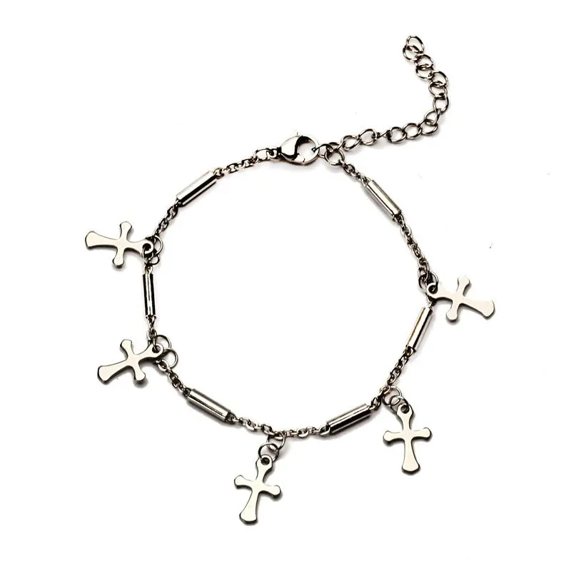 Double Chain Hollow Cross Pendant Stainless Steel Lobster Claw Claw Bracelet Fashion Hip Hop Punk Party Men's Jewelry Gift