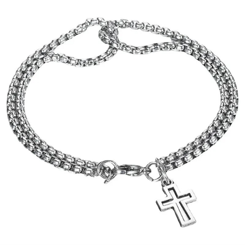 Double Chain Hollow Cross Pendant Stainless Steel Lobster Claw Claw Bracelet Fashion Hip Hop Punk Party Men's Jewelry Gift