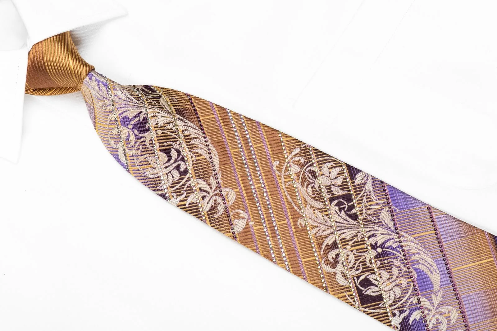 Elle Homme Men's Crystal Silk Tie Gold Purple Acanthus Striped With Silver Sparkles