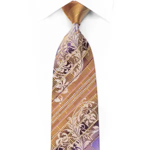 Elle Homme Men's Crystal Silk Tie Gold Purple Acanthus Striped With Silver Sparkles