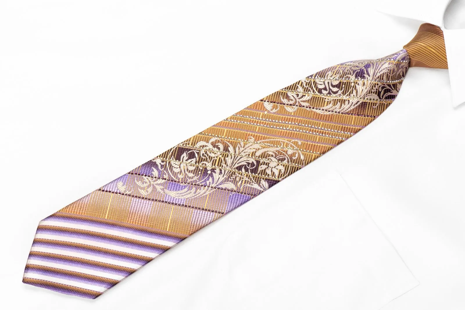 Elle Homme Men's Crystal Silk Tie Gold Purple Acanthus Striped With Silver Sparkles