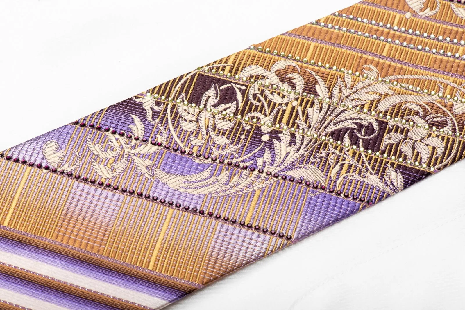 Elle Homme Men's Crystal Silk Tie Gold Purple Acanthus Striped With Silver Sparkles