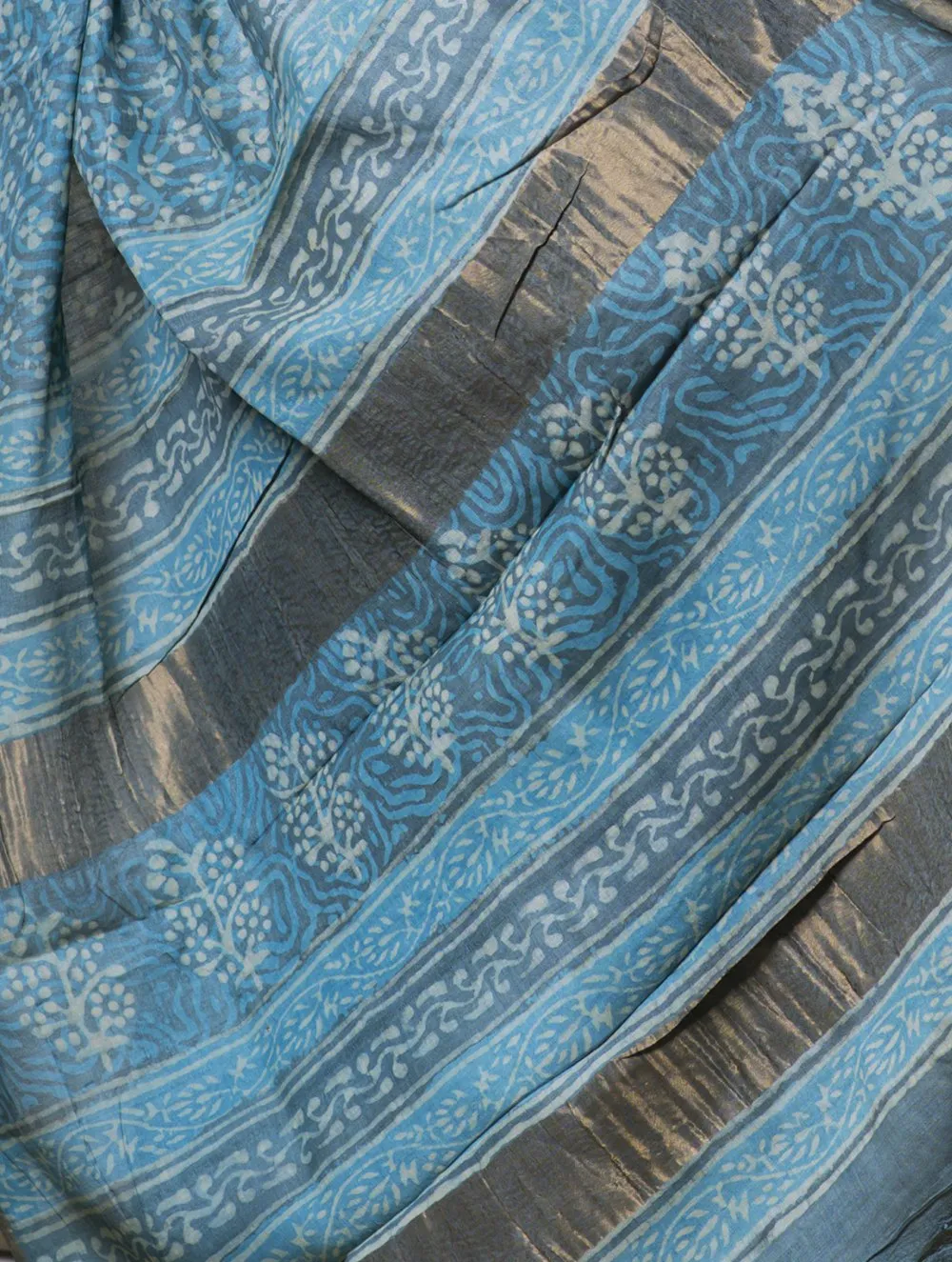 Festive & Exclusive Tassar Silk Bagru Saree (With Blouse Piece) - Turqua Blue, Dull Gold & Beige