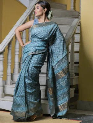 Festive & Exclusive Tassar Silk Bagru Saree (With Blouse Piece) - Turqua Blue, Dull Gold & Beige