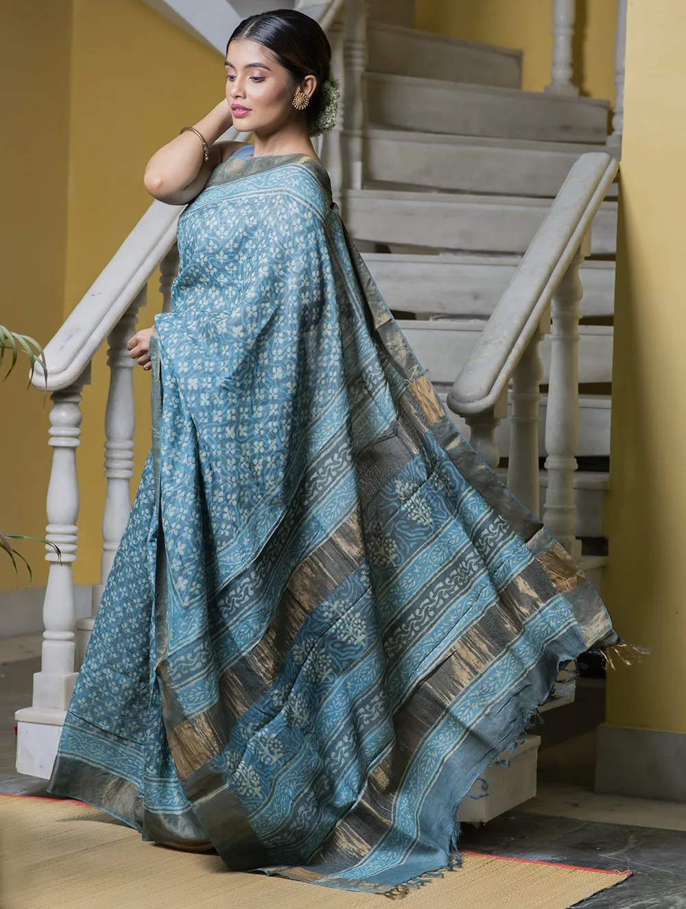 Festive & Exclusive Tassar Silk Bagru Saree (With Blouse Piece) - Turqua Blue, Dull Gold & Beige