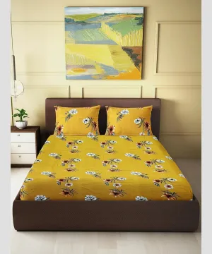 GreenElephant Floral Print Bedsheet for Double Size Bed, 90 x 100 Inches, Cotton Blend, 210 Thread Count Flat Sheet, Included 2 Pillow Covers, Yellow