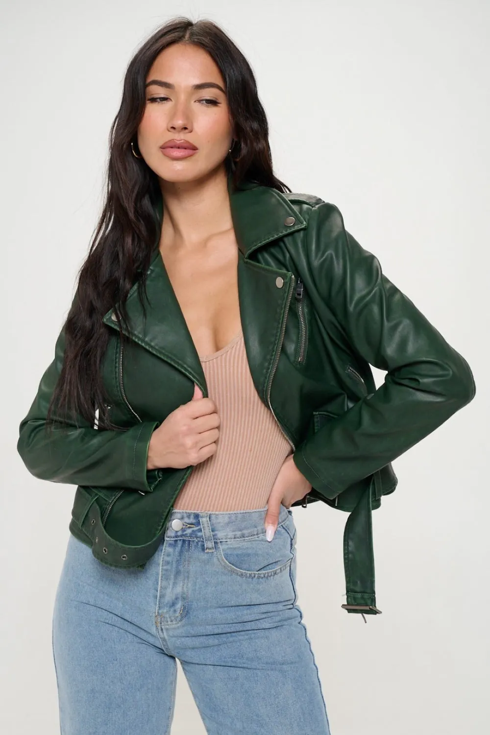 KESLEY Green Vegan Leather Zip Up Biker Jacket with Belt