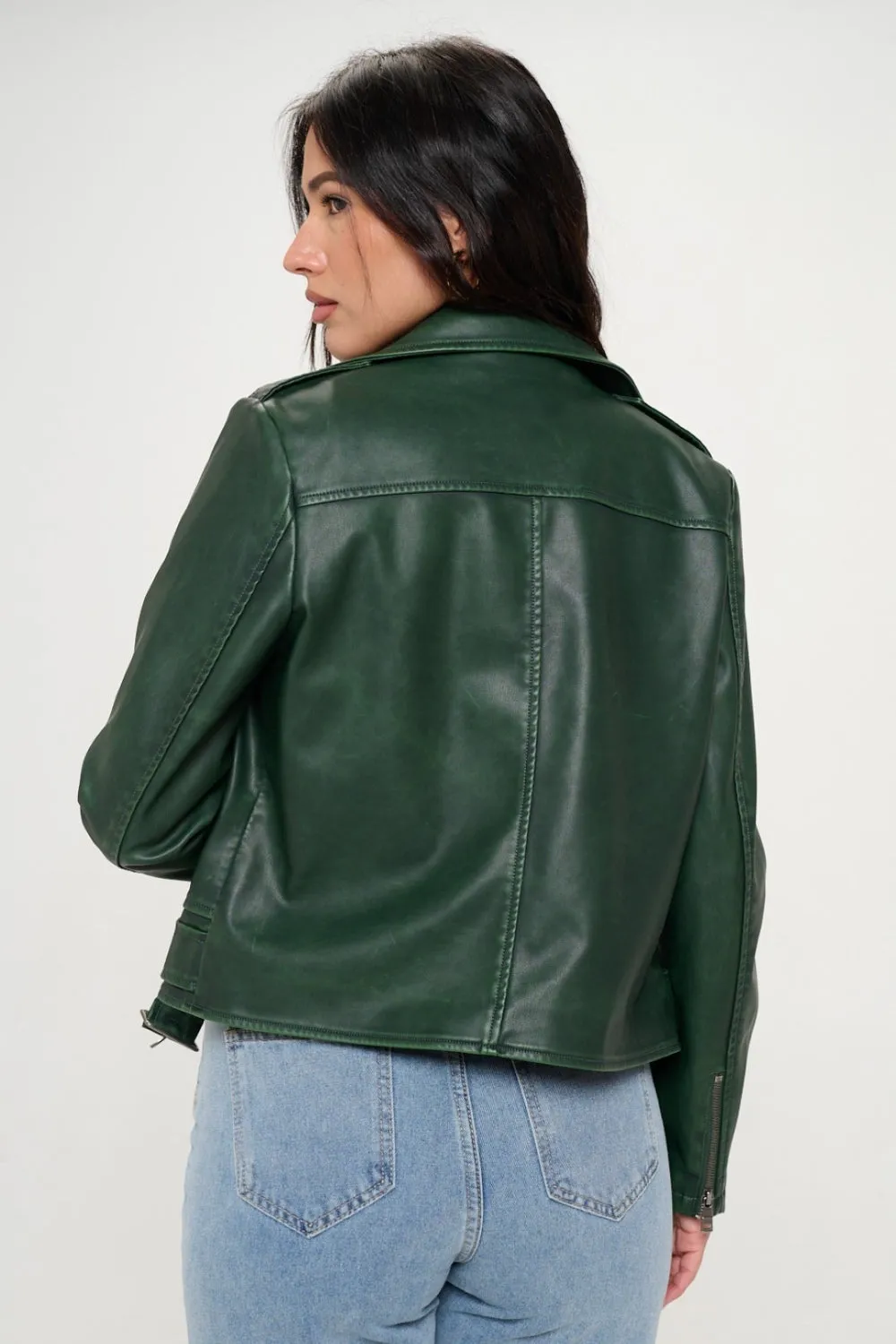 KESLEY Green Vegan Leather Zip Up Biker Jacket with Belt