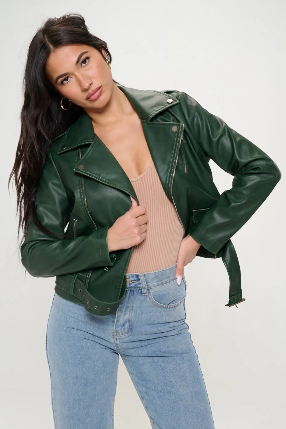 KESLEY Green Vegan Leather Zip Up Biker Jacket with Belt