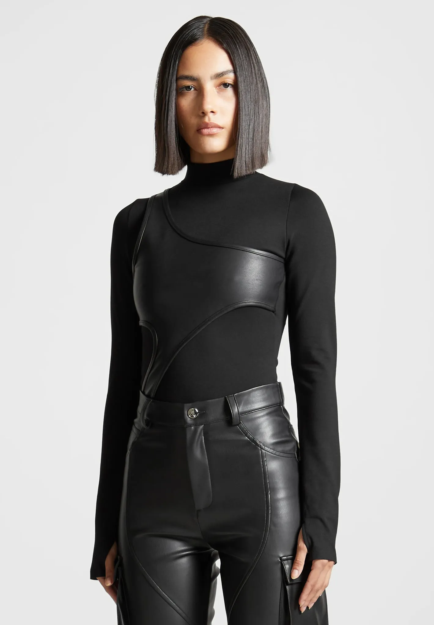 Leather Overlay High Neck Bodysuit - Black